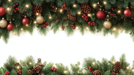 christmas border with tree branches lights cones and baubles festive banner isolated background
