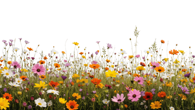 Colorful wildflower meadow bursting with red, yellow, pink, purple, and white blossoms, vibrant natural beauty on transparent background.