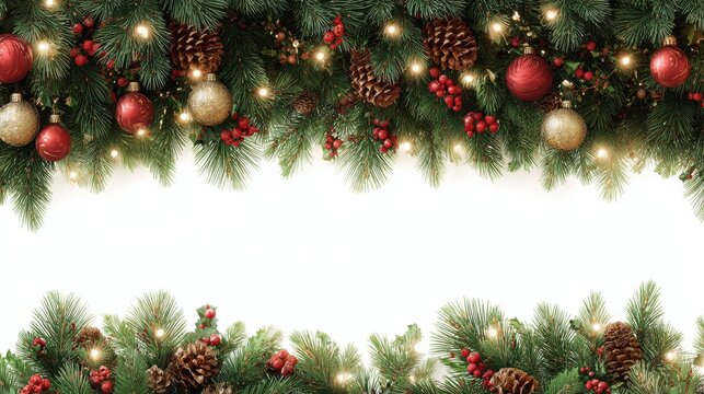christmas border with tree branches lights cones and baubles festive banner isolated background