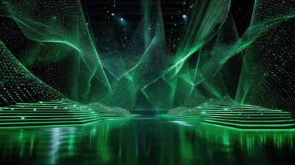 Futuristic abstract green stage with digital network particles