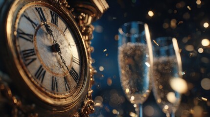 a themed new years eve countdown scene featuring an elegant antique clock striking midnight  bokeh lights outoffocus champagne bubbles the colors are rich gold navy blue and sparkling white 