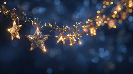 sparkling merry christmas and happy new year greeting with glowing star shaped string lights against a dark blue bokeh background