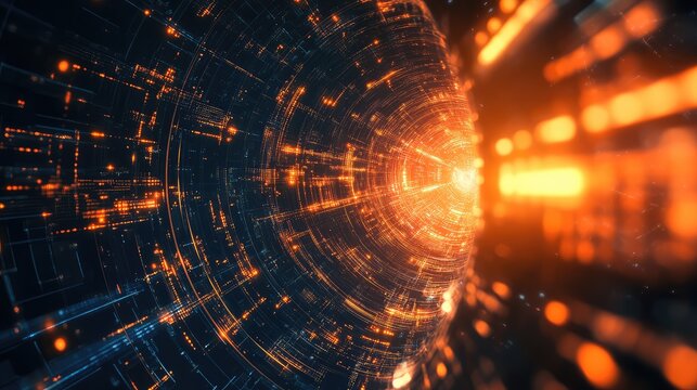 Abstract data traveling in futuristic digital network tunnel