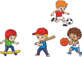 Kids playing various sports, cartoon children skateboarding, playing soccer, baseball and basketball, active boys illustration, fun sports activities clipart