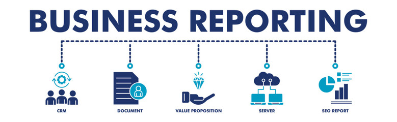 Business reporting banner web vector illustration with icons of crm, document, value proposition, server, seo report.