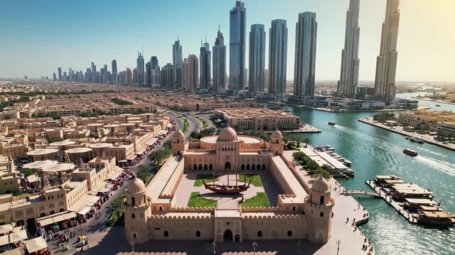 Majestic museum buildings rise from the city streets, reflecting off the calm waters of a river, capturing the innovative concept of urban sophistication and cultural exchange.