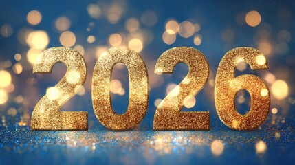 Shiny metallic 3D golden text '2026' placed on a solid blue background, perfect for New Year celebrations and special event card designs.