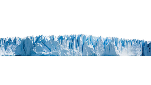 Majestic glacier wall with jagged ice face, shades of blue and white revealing natural layers, powerful symbol of frozen wilderness and raw nature.