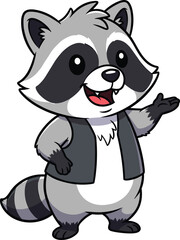 Cute cartoon raccoon character illustration, friendly animal mascot waving hand, adorable forest creature artwork for kids, wildlife design, vector art