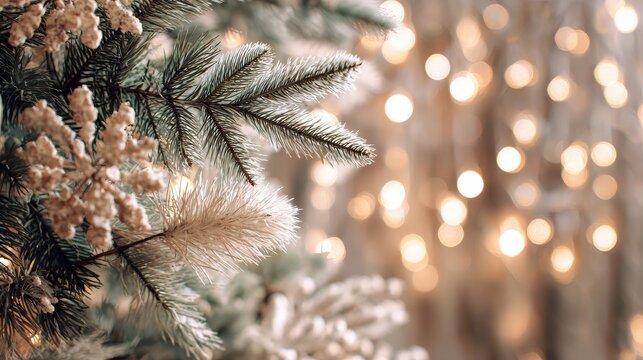 christmas white decoration and spruce tree close up bokeh lights background merry christmas and happy holidays greeting card frame banner new year noel winter festive xmas theme - Powered by Adobe