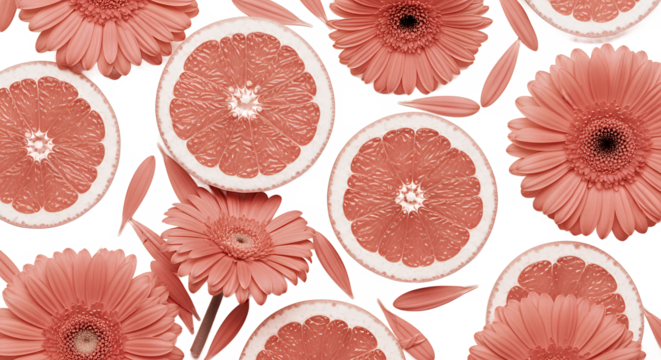 Cheerful Coral Fresh Sliced Grapefruit and Daisy Floral Pattern