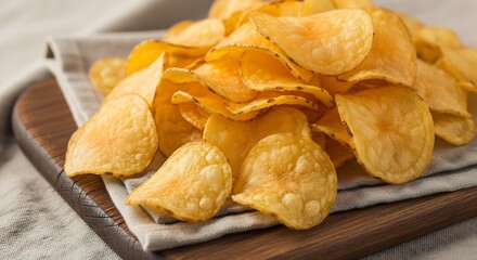 A closeup shot of a pile of crispy potato chips arranged on a rustic wooden board, ready to be enjoyed as a snack