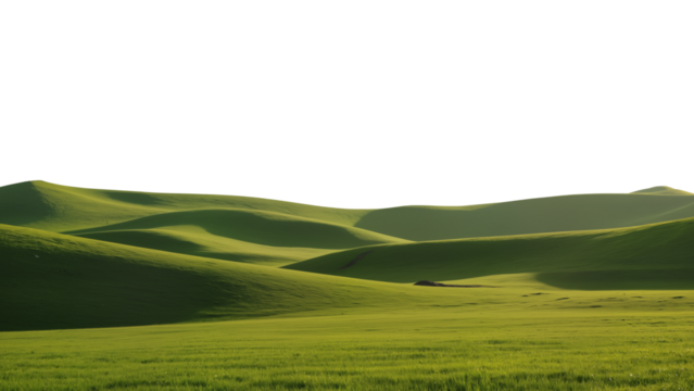 Smooth rolling green hills under a pale sky, minimalist natural landscape with serene atmosphere and soft wave-like shapes.