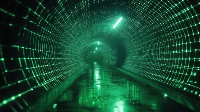 Futuristic green digital grid tunnel with neon lights