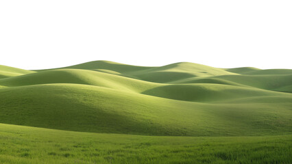 Fototapeta premium Smooth rolling green hills under a pale sky, minimalist natural landscape with serene atmosphere and soft wave-like shapes.