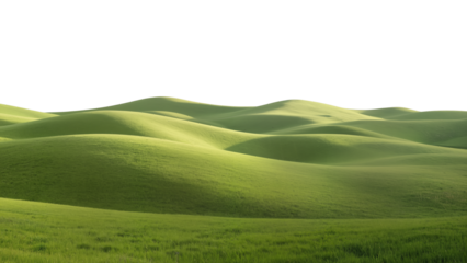 Smooth rolling green hills under a pale sky, minimalist natural landscape with serene atmosphere and soft wave-like shapes.
