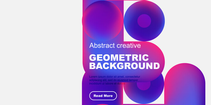 Modern design features vibrant circles, squares. Text promotes abstract creative geometric background with call to action.