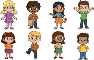 Cute diverse cartoon children illustration, happy kids characters standing together, colorful outfits, playful expressions, isolated vector artwork for education 
