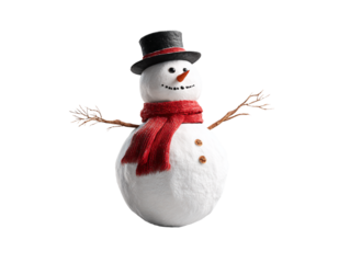  Cheerful snowman wearing red scarf and top hat with twig arms isolated on transparent background