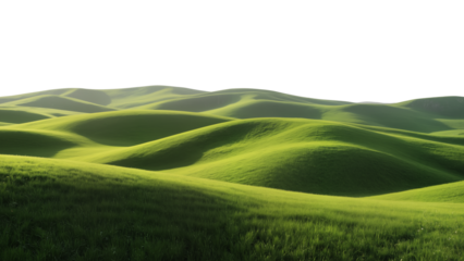 Smooth rolling green hills under a pale sky, minimalist natural landscape with serene atmosphere and soft wave-like shapes.