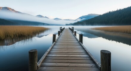 Serene wooden pier leading across tranquil water towards misty mountains landscape