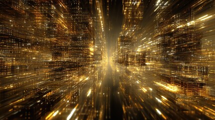 Digital cityscape representing data streaming and network communication