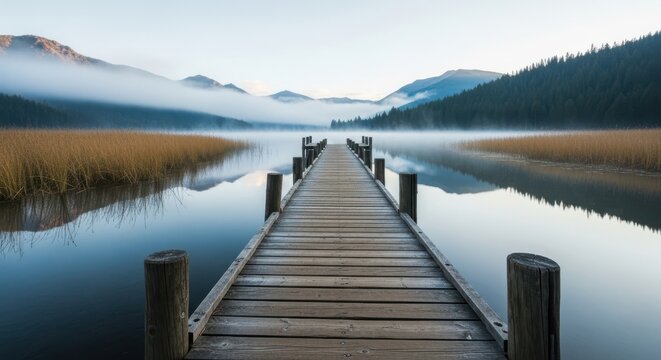 Serene wooden pier leading across tranquil water towards misty mountains landscape