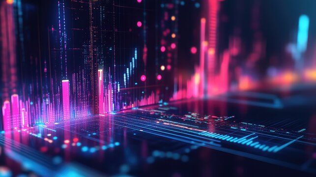 Digital data analyzing financial market charts with neon lights