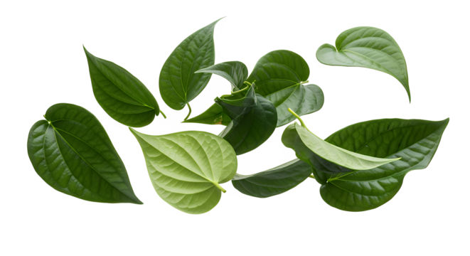 Naturally scattered vibrant green leaves, showcasing their fresh texture and organic beauty against a pristine white background. Perfect for healthy living, botanical, and herbal themes