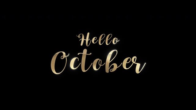 Golden Hello October lettering on black background with a shiny, elegant metallic style perfect for seasonal greetings and design projects. 4K video