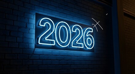 Bright blue neon sign displays the year 2026