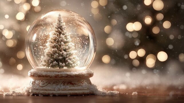 dreamy snow globe holiday scene with christmas tree and sparkling atmosphere - Powered by Adobe
