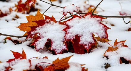Autumn Maple Leaves Covered with Fresh Snow