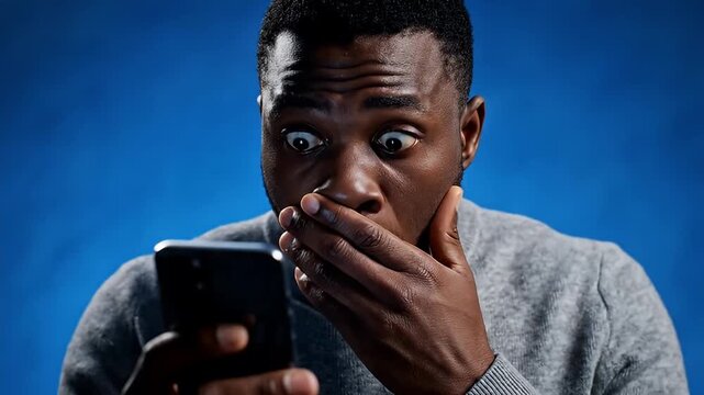 A compelling close-up captures a young adult male reacting with intense shock and wide-eyed surprise while looking at his mobile smartphone. His hand briefly covers his mouth in disbelief, emphasizing