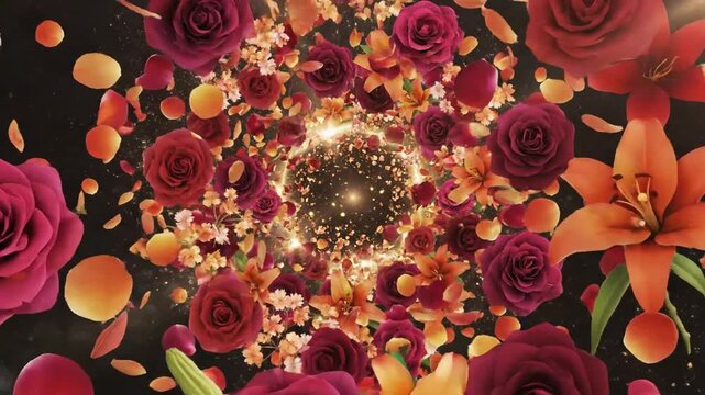 Floral vortex with roses lilies and petals