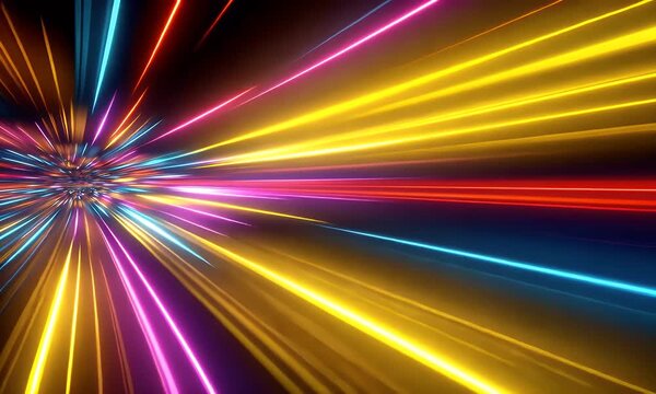 Abstract visualization of hyperspeed light trails in vibrant yellow blue and pink streaks creating a sense of rapid motion and futuristic energy