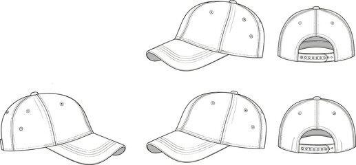 Baseball cap technical drawing set, detailed multiview hat templates with stitching, professional apparel design schematics for fashion cad drawing flat vector illustration