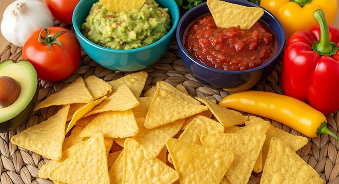 A vibrant spread of tortilla chips with fresh guacamole and salsa, surrounded by ripe tomatoes, avocado, and colorful bell peppers