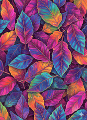 Fototapeta premium background of leaves iridescent pattern for cell phone wallpaper colorful blue pink purple vivid texture nature shiny sparkling neon glossy mobile design plant illustration orange holographic foil