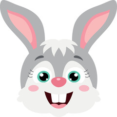 Happy Grey Bunny Rabbit Cartoon Close Up Portrait With Big Eyes Pink Cheeks and Open Mouth Isolated on Transparent Background