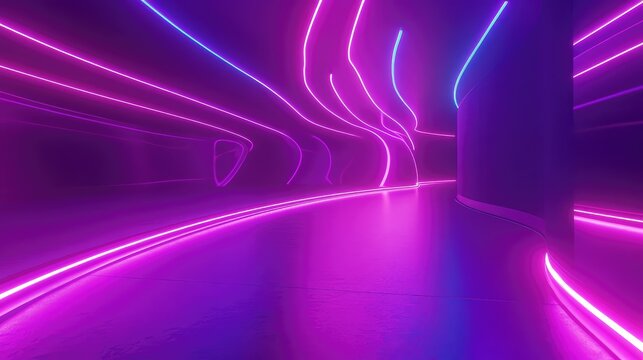Futuristic purple neon tunnel with abstract glowing light lines