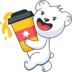 Happy polar bear character running with a to go coffee cup splashing yellow liquid against a transparent background cartoon illustration