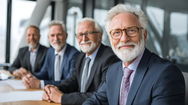 professional senior businessmen in formal attire smiling at the camera in a modern company office, career success corporate teamwork management leadership and retirement lifestyle theme