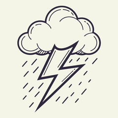 Simple hand drawn illustration of a storm cloud with a lightning bolt and rain falling against a light cream background in a minimalist style