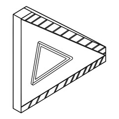 A simple black and white isometric line art illustration of a 3d triangular shape with a smaller triangle inset within its face and textured edges representing a geometric abstract object