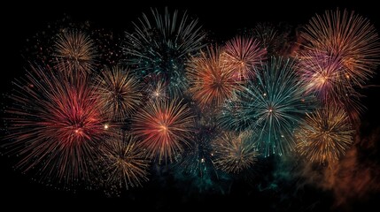 amazing holiday colorful fireworks display full frame sparks colored stars nebula black night sky comets festive wallpaper copy space