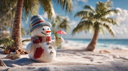 a snowman sitting on a tropical beach sipping a drink under a palm tree christmas marketing photo christmas travel  holiday advertising website advert christmas