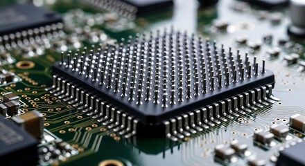 Closeup of a computer processor chip with many pins on a green circuit board, showcasing intricate electronic components and technology