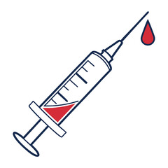 A stylized illustration of a medical syringe with a drop of red liquid falling from its needle symbolizing healthcare medicine and treatment