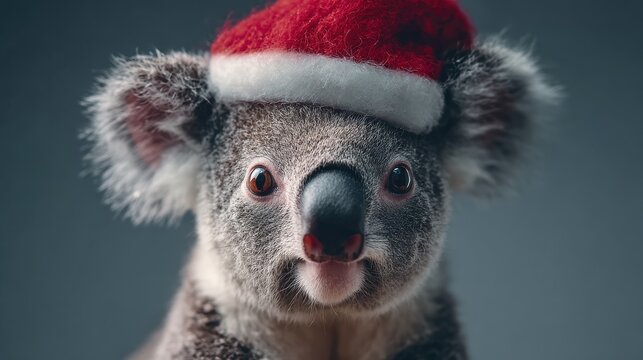 closeup portrait of funny sweet nice australian koala bear baby in red christmas santa claus hat sitting and smiling merry christmas and a happy new year xmas celebration concept